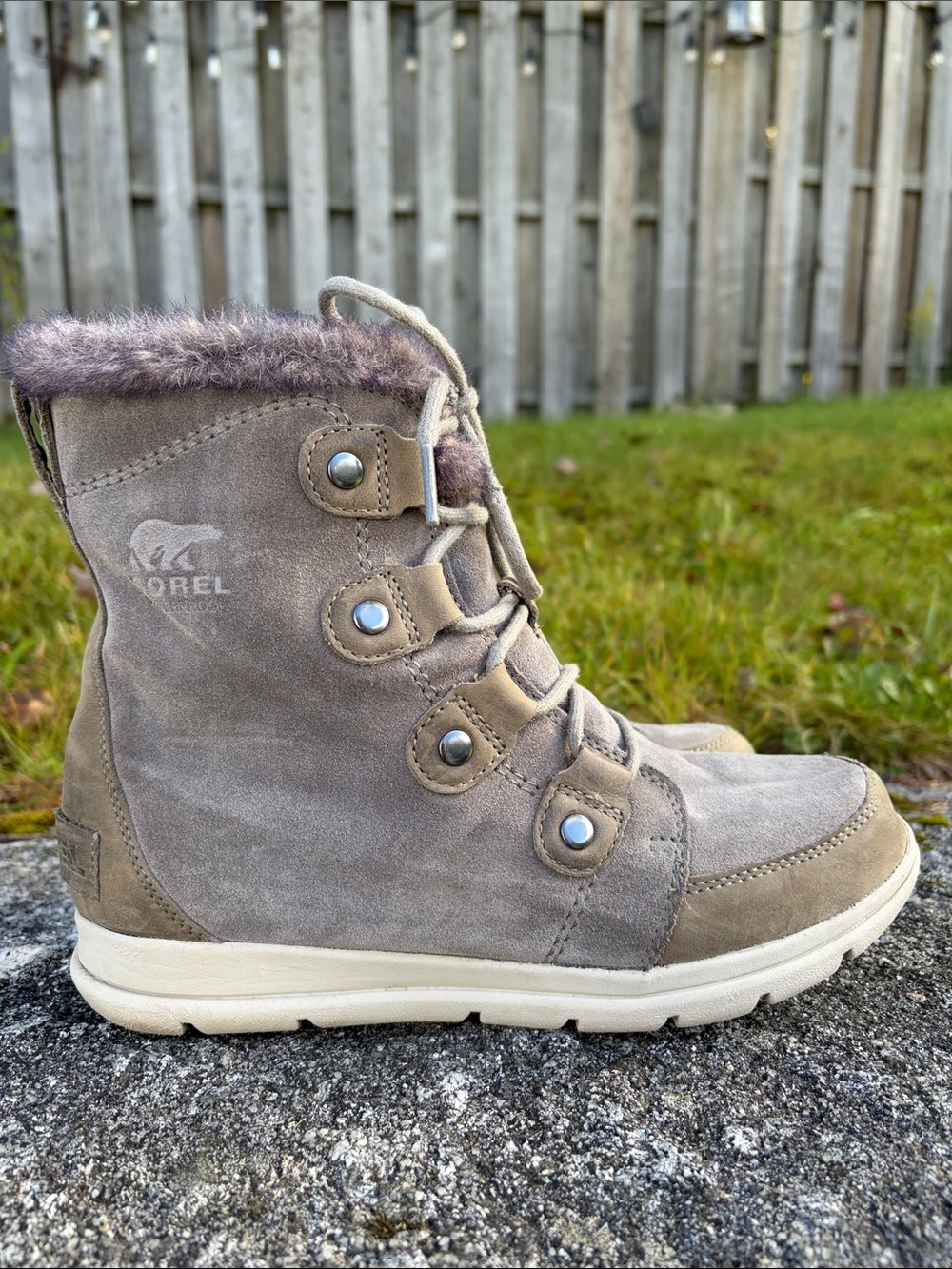 Sorel Explorer Joan Snow Ankle Winter Boots, Grey suede, women’s size 8.5